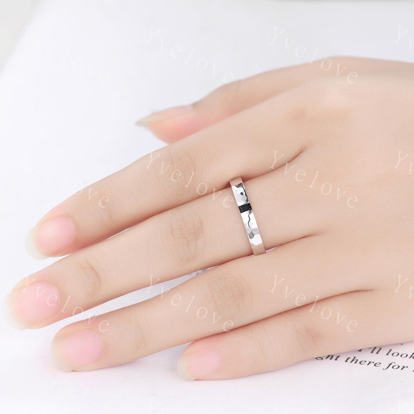 3mm Mens Baguette Black Onyx Wedding Band Natural Onyx Band White Gold Ring Men Hammered Stacking Matching Band Vintage Ring Bridegroom Gift