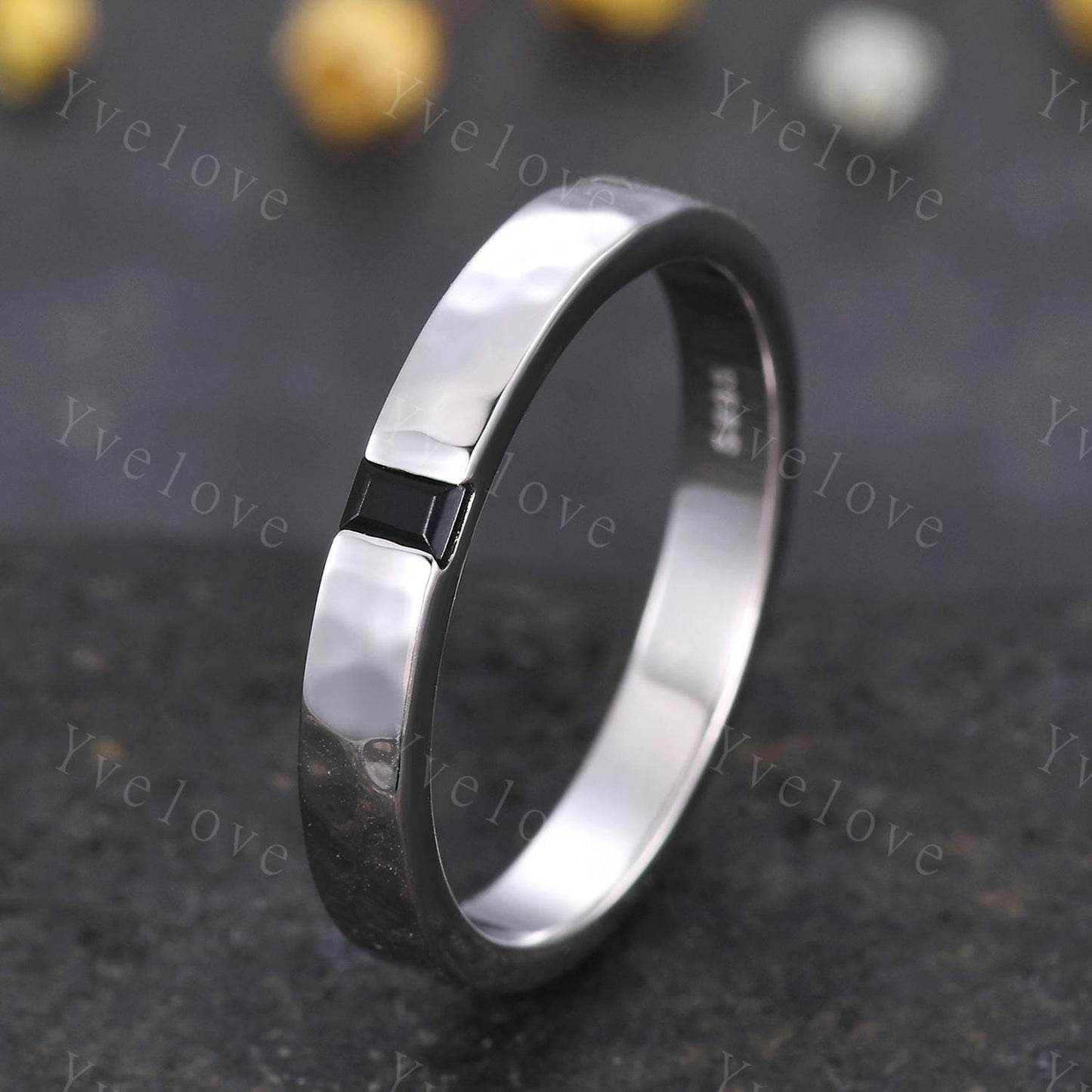 3mm Mens Baguette Black Onyx Wedding Band Natural Onyx Band White Gold Ring Men Hammered Stacking Matching Band Vintage Ring Bridegroom Gift