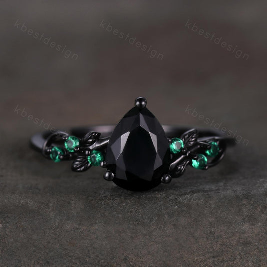 Pear cut black onyx engagement ring Black gold ring Art deco leaf design emerald wedding ring nature inspired ring bridal promise ring