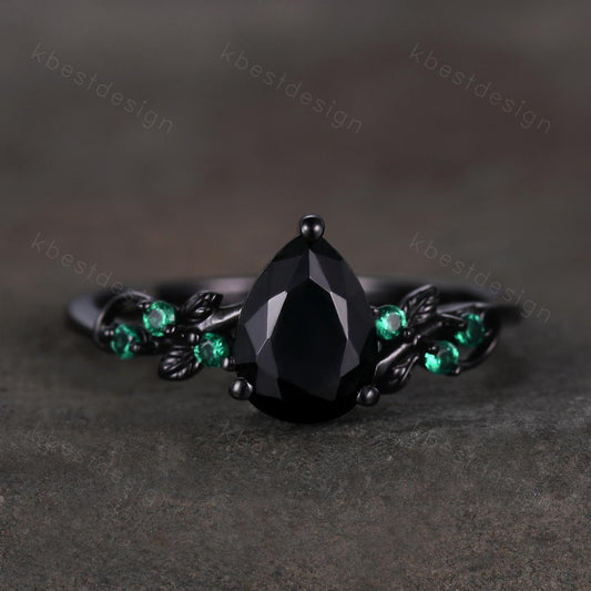 Pear cut black onyx engagement ring Black gold ring Art deco leaf design emerald wedding ring nature inspired ring bridal promise ring