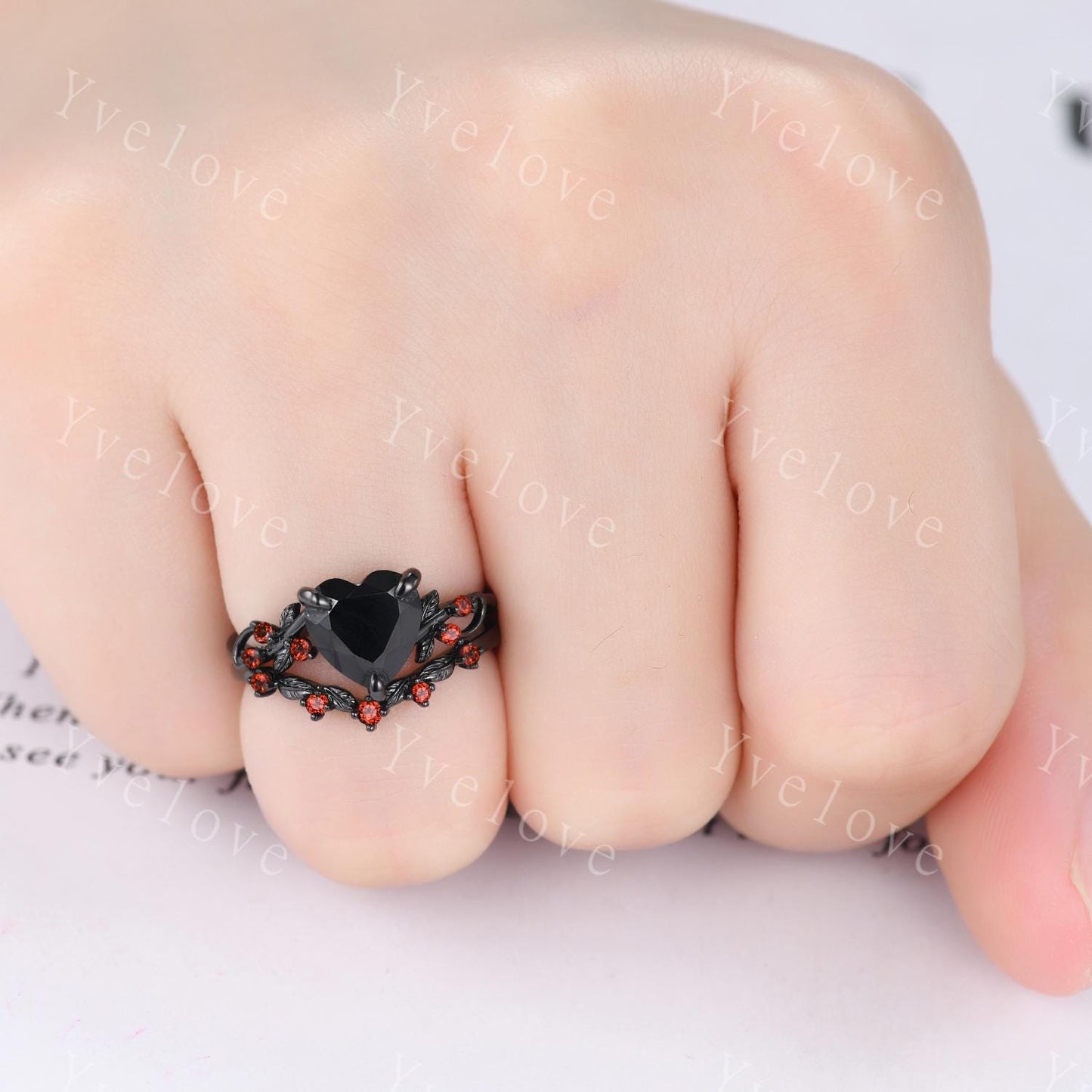 8mm Heart Shaped Black Onyx Ring,Vintage Twig Vine Leaf Ring,Antique Red Garnet Bridal Promise Ring Set Nature Inspired 14k Black Gold band