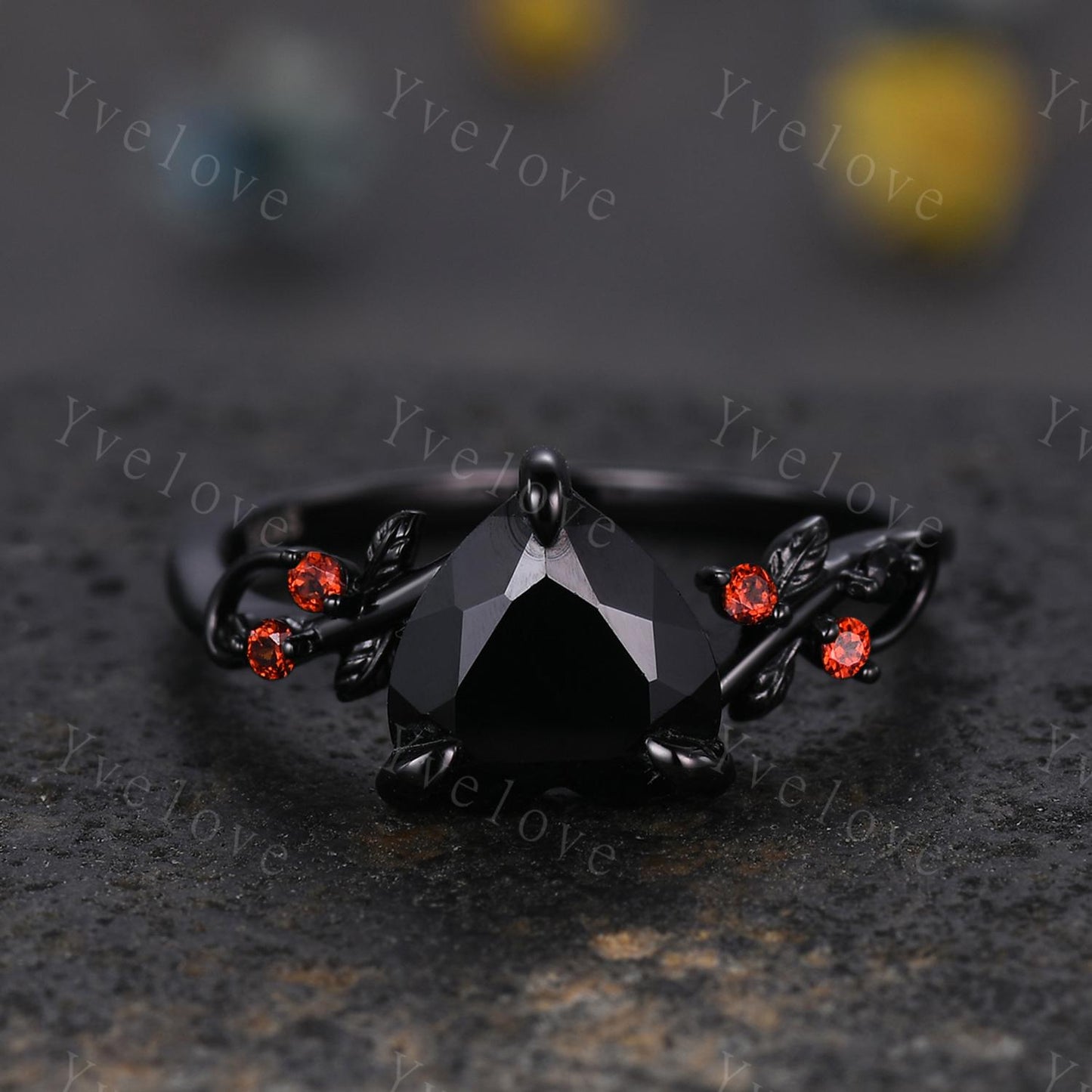 8mm Heart Shaped Black Onyx Ring,Vintage Twig Vine Leaf Ring,Antique Red Garnet Bridal Promise Ring Set Nature Inspired 14k Black Gold band