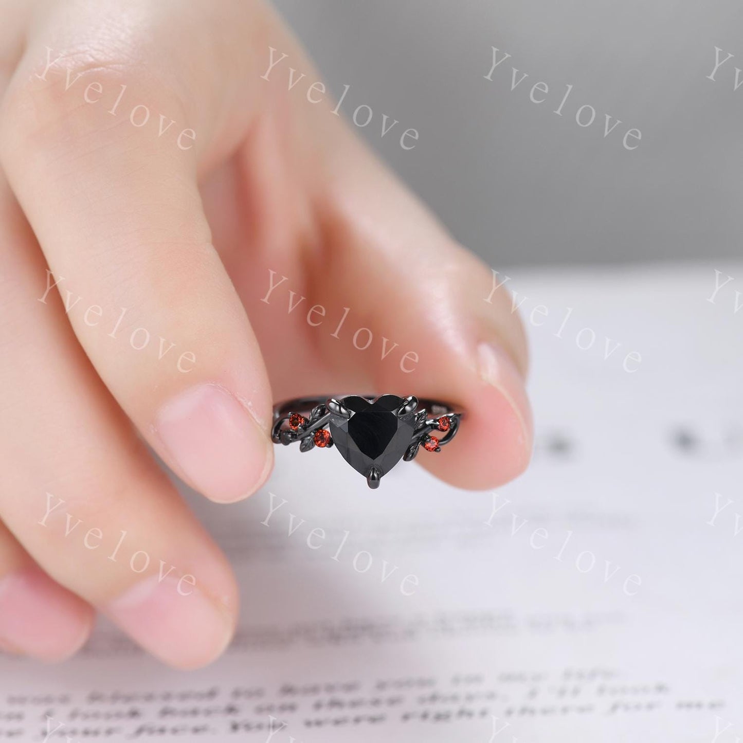 8mm Heart Shaped Black Onyx Ring,Vintage Twig Vine Leaf Ring,Antique Red Garnet Bridal Promise Ring Set Nature Inspired 14k Black Gold band