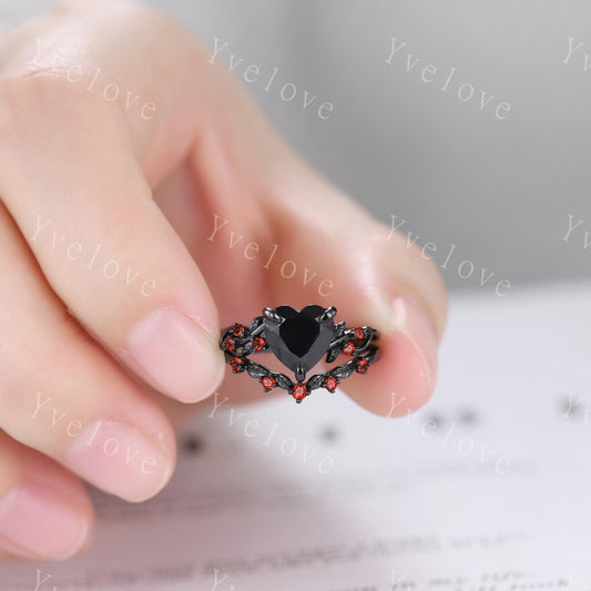 8mm Heart Shaped Black Onyx Ring,Vintage Twig Vine Leaf Ring,Antique Red Garnet Bridal Promise Ring Set Nature Inspired 14k Black Gold band