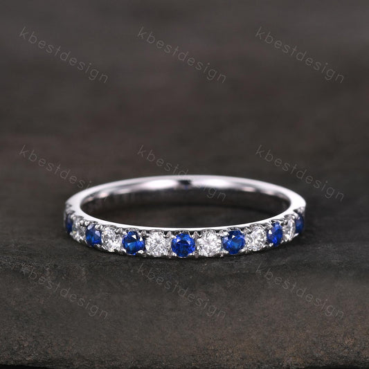 2mm Blue Sapphire Wedding Band Silver Half Eternity Stacking Band Colorless Moissanite Ring Women Matching Band Promise Anniversary Ring