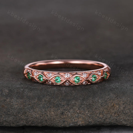 Antique Emerald Wedding Band Rose Gold Ring Women Vintage Wedding Ring May Birthstone Stacking Ring Anniversary Gift for Her Handmade