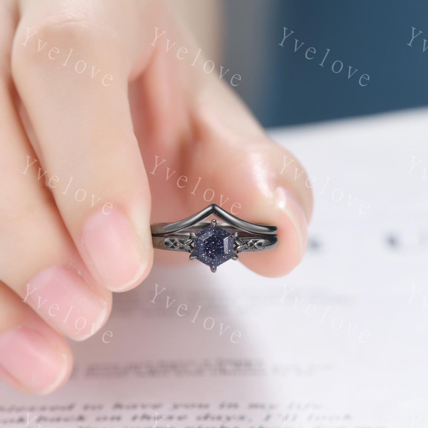 Vintage Blue Sandstone Engagement Ring,14k Black Gold Ring,Hexagon Cut Bridal Ring,Art Deco Galaxy Healing Ring Matching Band,Promise Gift