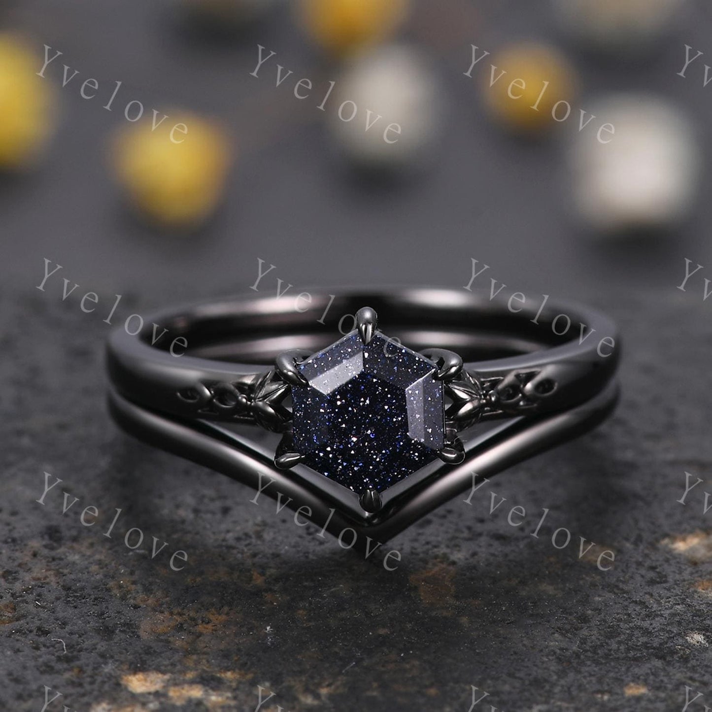 Vintage Blue Sandstone Engagement Ring,14k Black Gold Ring,Hexagon Cut Bridal Ring,Art Deco Galaxy Healing Ring Matching Band,Promise Gift