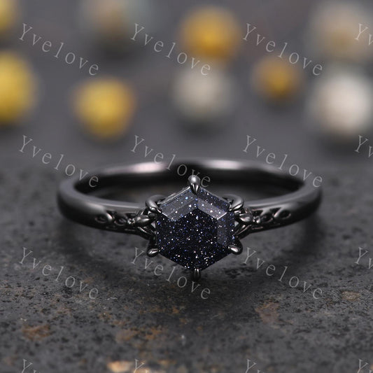 Vintage Blue Sandstone Engagement Ring,14k Black Gold Ring,Hexagon Cut Bridal Ring,Art Deco Galaxy Healing Ring Matching Band,Promise Gift