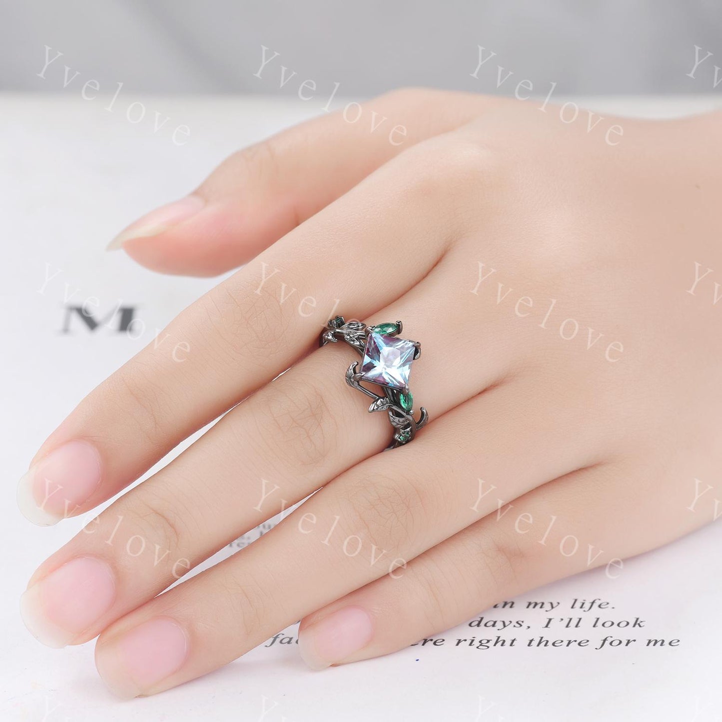 Vintage Princess Alexandrite Engagement Ring,14k Black Gold,Leaf Branch Emerald Wedding Ring,Gothic Anniversary Gift Promise Ring For Her