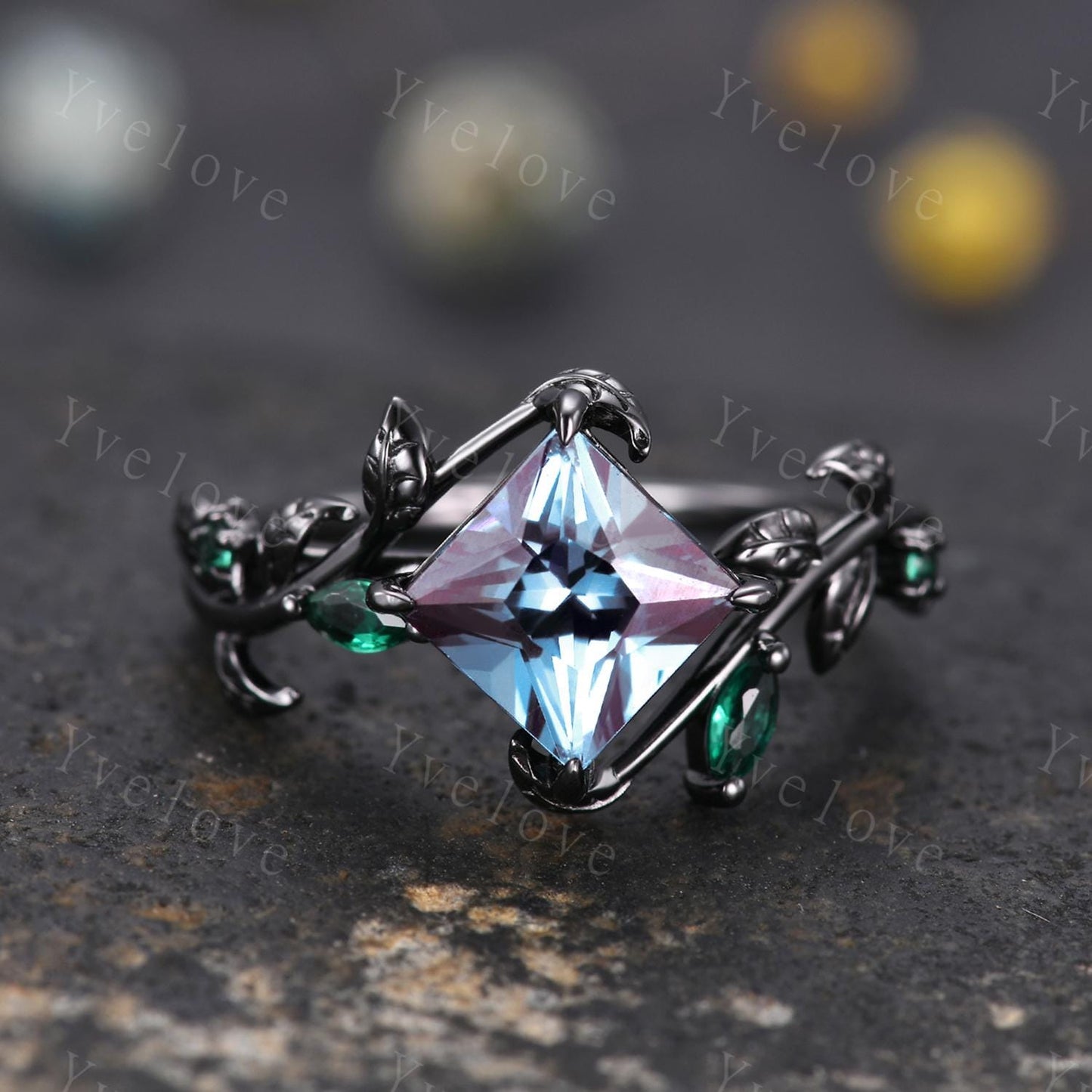 Vintage Princess Alexandrite Engagement Ring Set,Black Gold,Leaf Amethyst Emerald Ring,Women Bridal Set,Unique Anniversary Gift Promise Ring