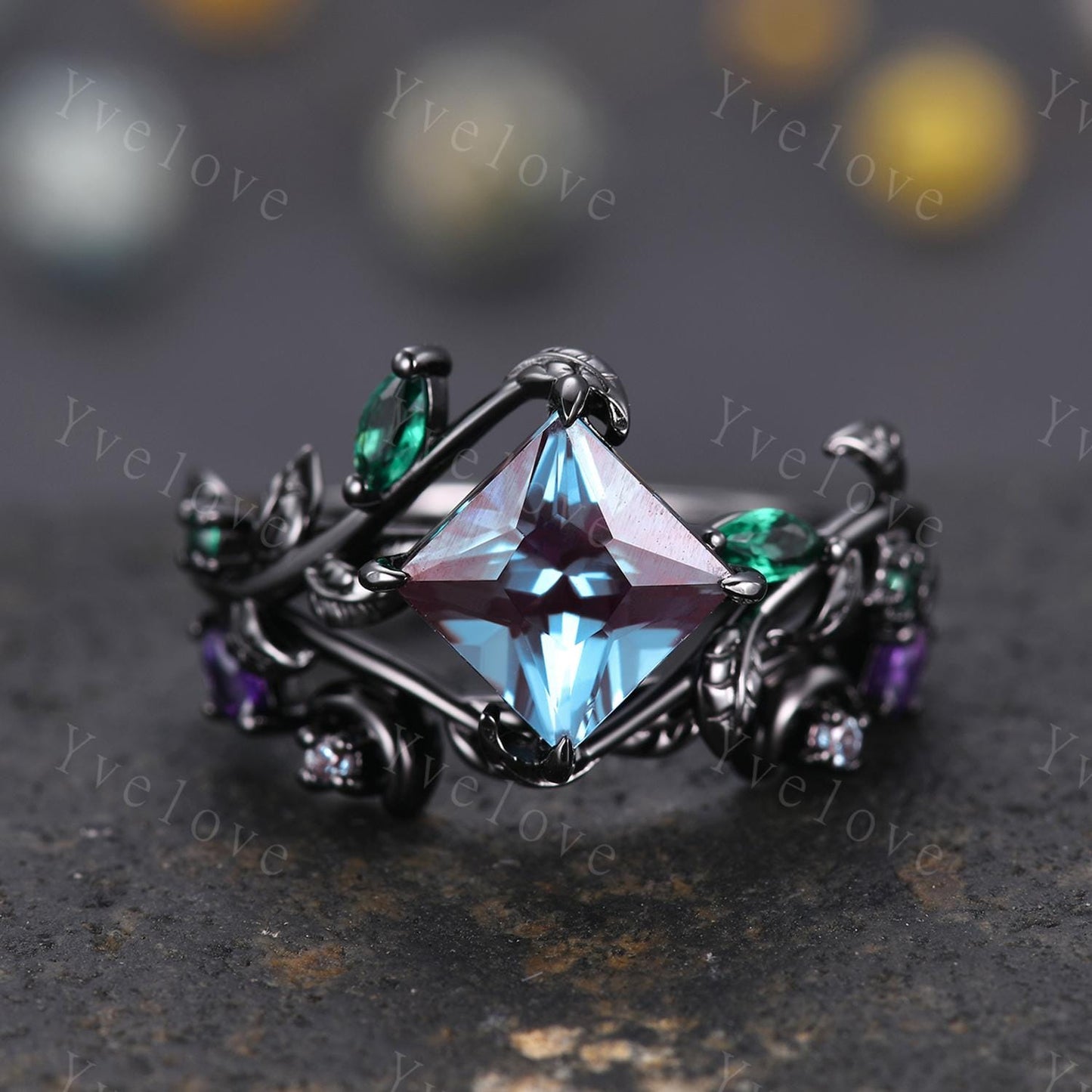 Vintage Princess Alexandrite Engagement Ring,14k Black Gold,Leaf Branch Emerald Wedding Ring,Gothic Anniversary Gift Promise Ring For Her