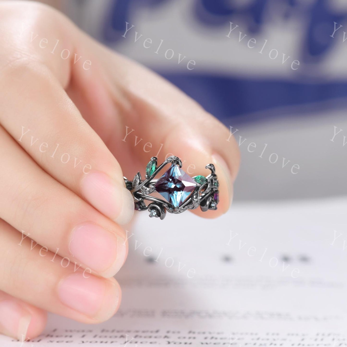 Vintage Princess Alexandrite Engagement Ring,14k Black Gold,Leaf Branch Emerald Wedding Ring,Gothic Anniversary Gift Promise Ring For Her