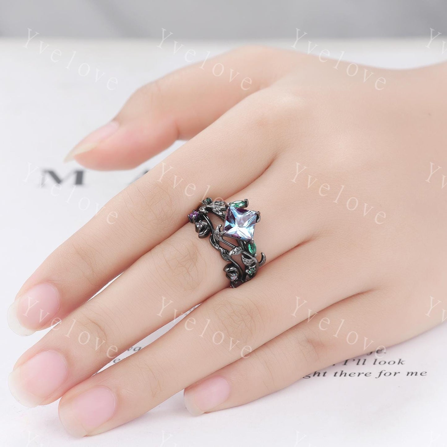 Vintage Princess Alexandrite Engagement Ring,14k Black Gold,Leaf Branch Emerald Wedding Ring,Gothic Anniversary Gift Promise Ring For Her