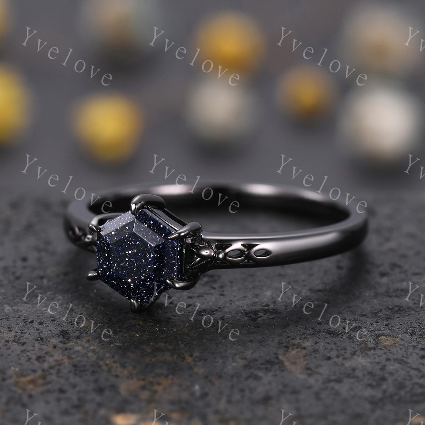Vintage Blue Sandstone Engagement Ring,14k Black Gold Ring,Hexagon Cut Bridal Ring,Art Deco Galaxy Healing Ring Matching Band,Promise Gift