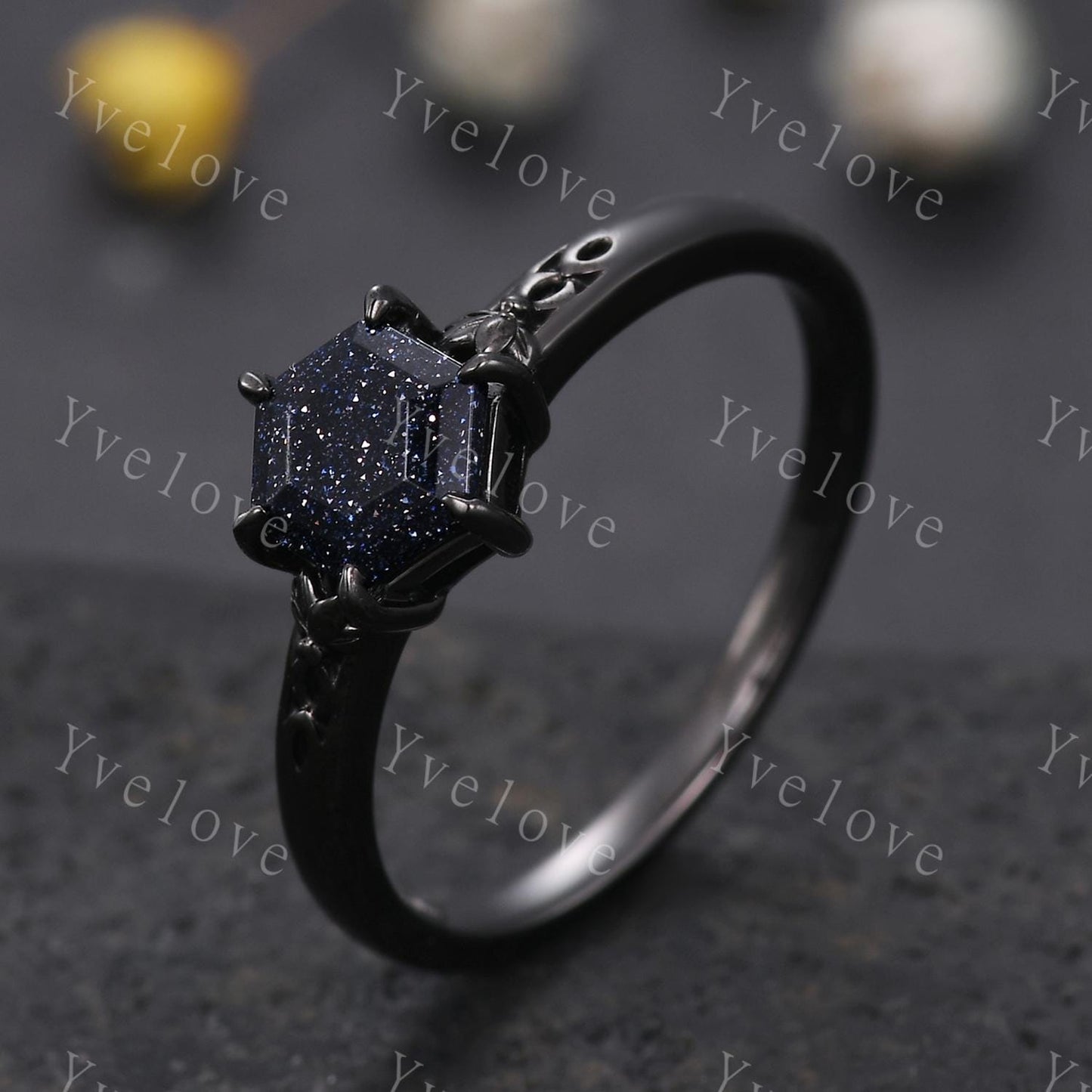 Vintage Blue Sandstone Engagement Ring,14k Black Gold Ring,Hexagon Cut Bridal Ring,Art Deco Galaxy Healing Ring Matching Band,Promise Gift