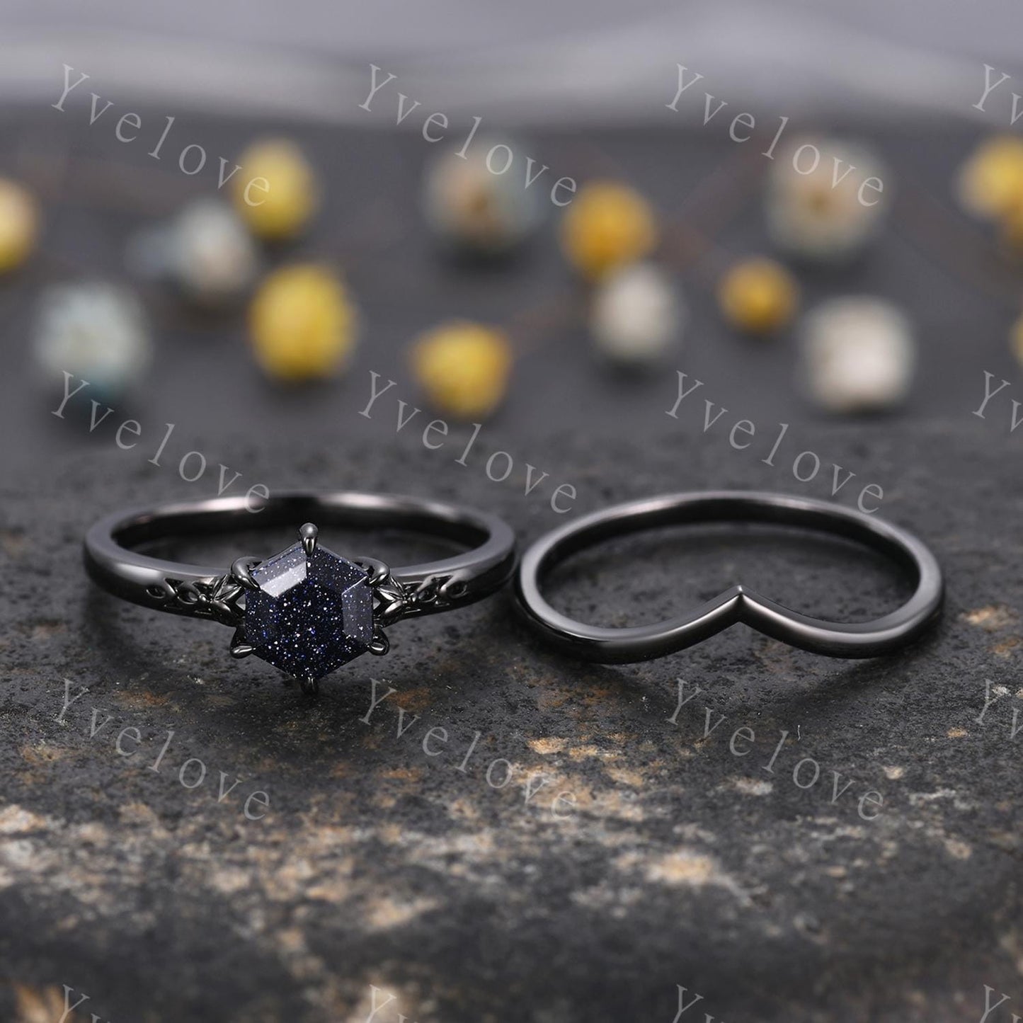 Vintage Blue Sandstone Engagement Ring,14k Black Gold Ring,Hexagon Cut Bridal Ring,Art Deco Galaxy Healing Ring Matching Band,Promise Gift