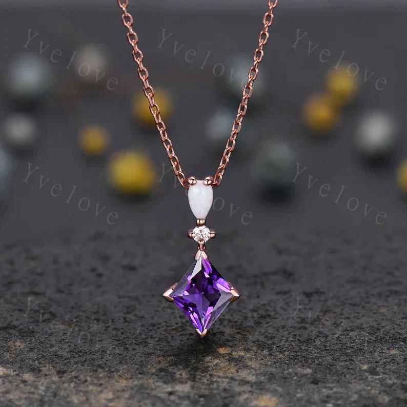Vintage unique lozenge pink tourmaline necklace 14k rose gold opal diamond personalized pendant for women anniversary bridal gift for women