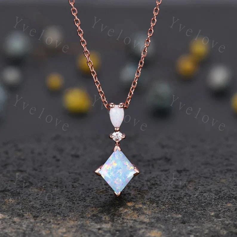 Vintage unique lozenge aquamarine necklace solid 14k rose gold opal diamond personalized pendant for women anniversary bridal gift for her