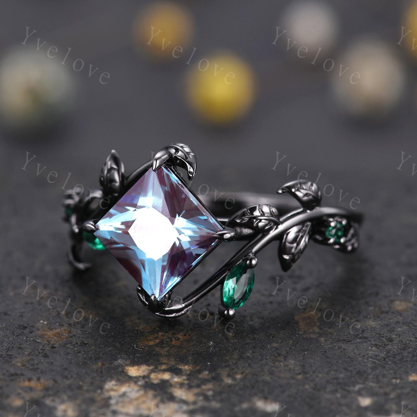 Vintage Princess Alexandrite Engagement Ring,14k Black Gold,Leaf Branch Emerald Wedding Ring,Gothic Anniversary Gift Promise Ring For Her