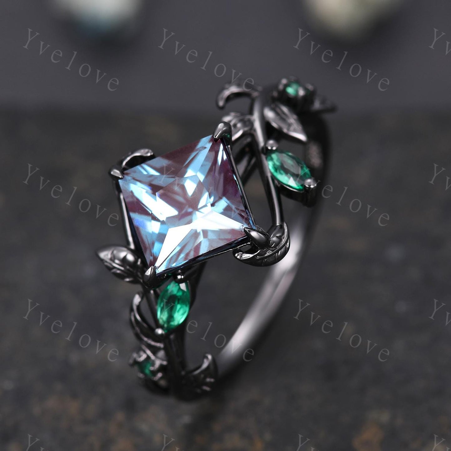 Vintage Princess Alexandrite Engagement Ring,14k Black Gold,Leaf Branch Emerald Wedding Ring,Gothic Anniversary Gift Promise Ring For Her