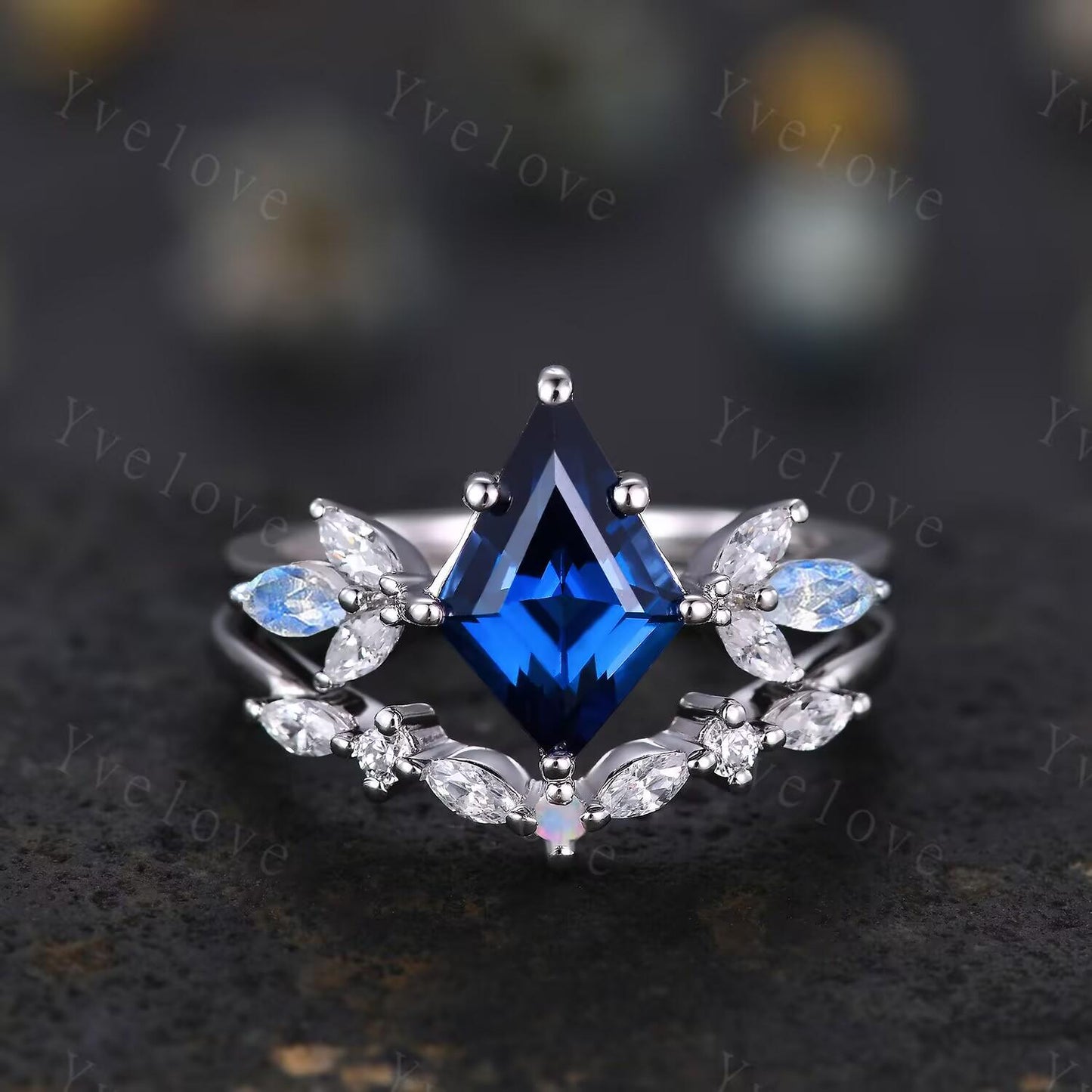 Vintage Sapphire engagement ring,kite cut ring set,art deco marquise moonstone ring,opal moissanite wedding ring set for women,silver ring