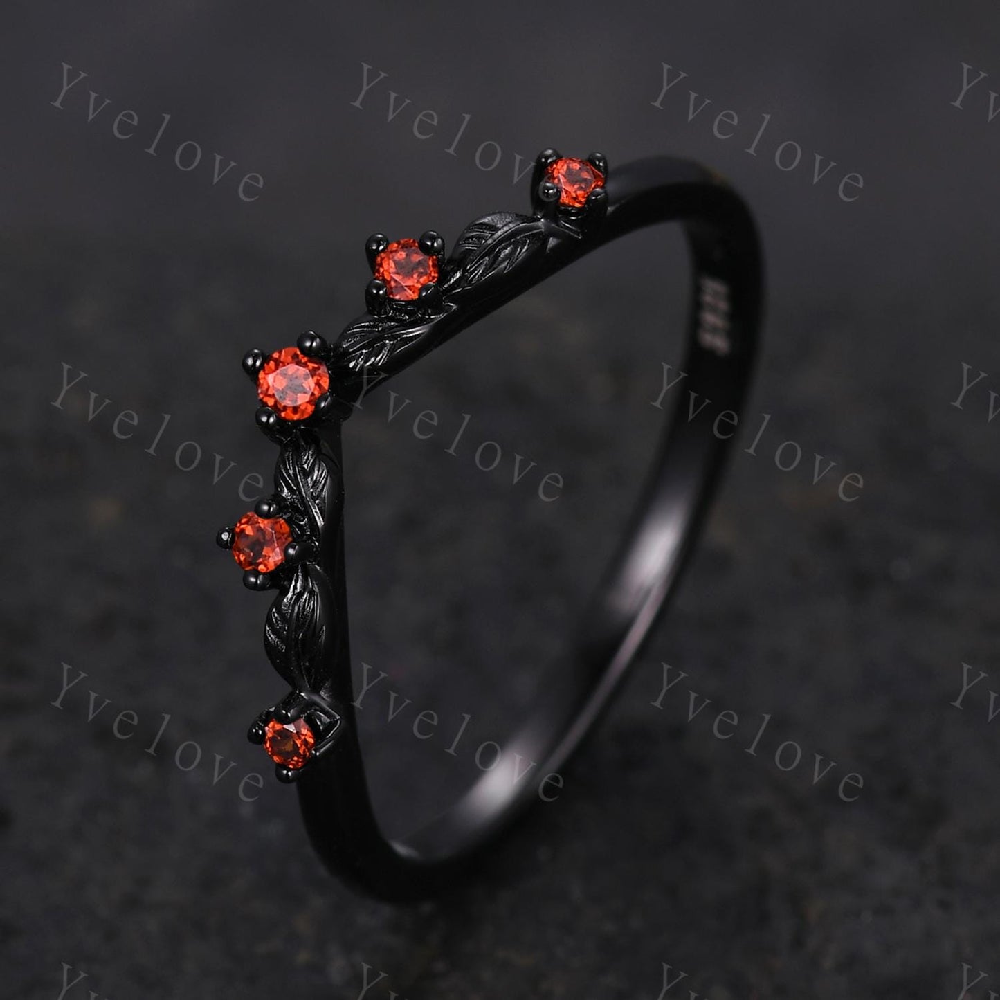 Retro Red Garnet Engagement Ring,Twig Leaf Matching Band,Women Vine Band,Gothic V Curved Branch Wedding Band,Black Gold Wedding Band Gift