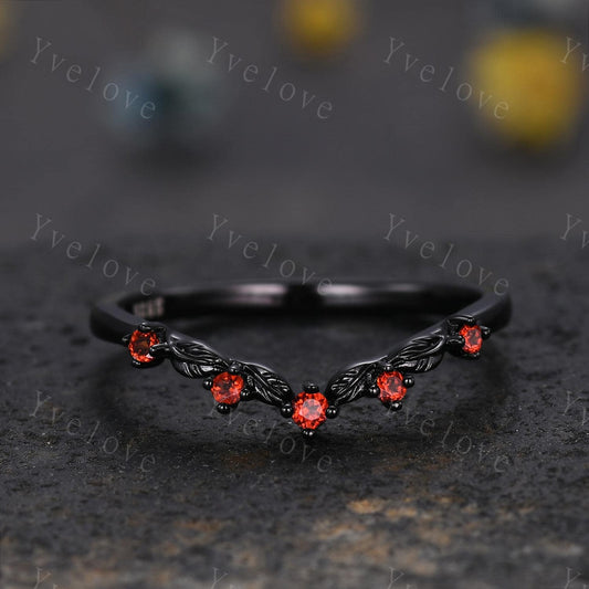 Retro Red Garnet Engagement Ring,Twig Leaf Matching Band,Women Vine Band,Gothic V Curved Branch Wedding Band,Black Gold Wedding Band Gift