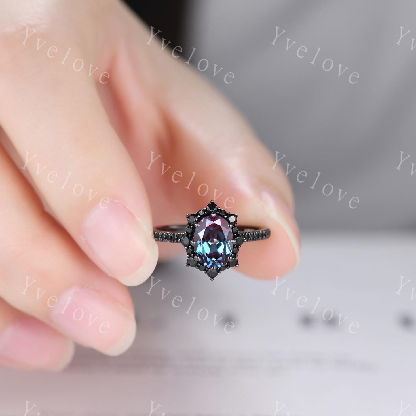 Gothic Oval Shape Alexandrite Engagement Ring Set,Black Gold Black Diamond Promise Ring Set Unique Rhodium Black Witchy Ring Bridal Set Gift
