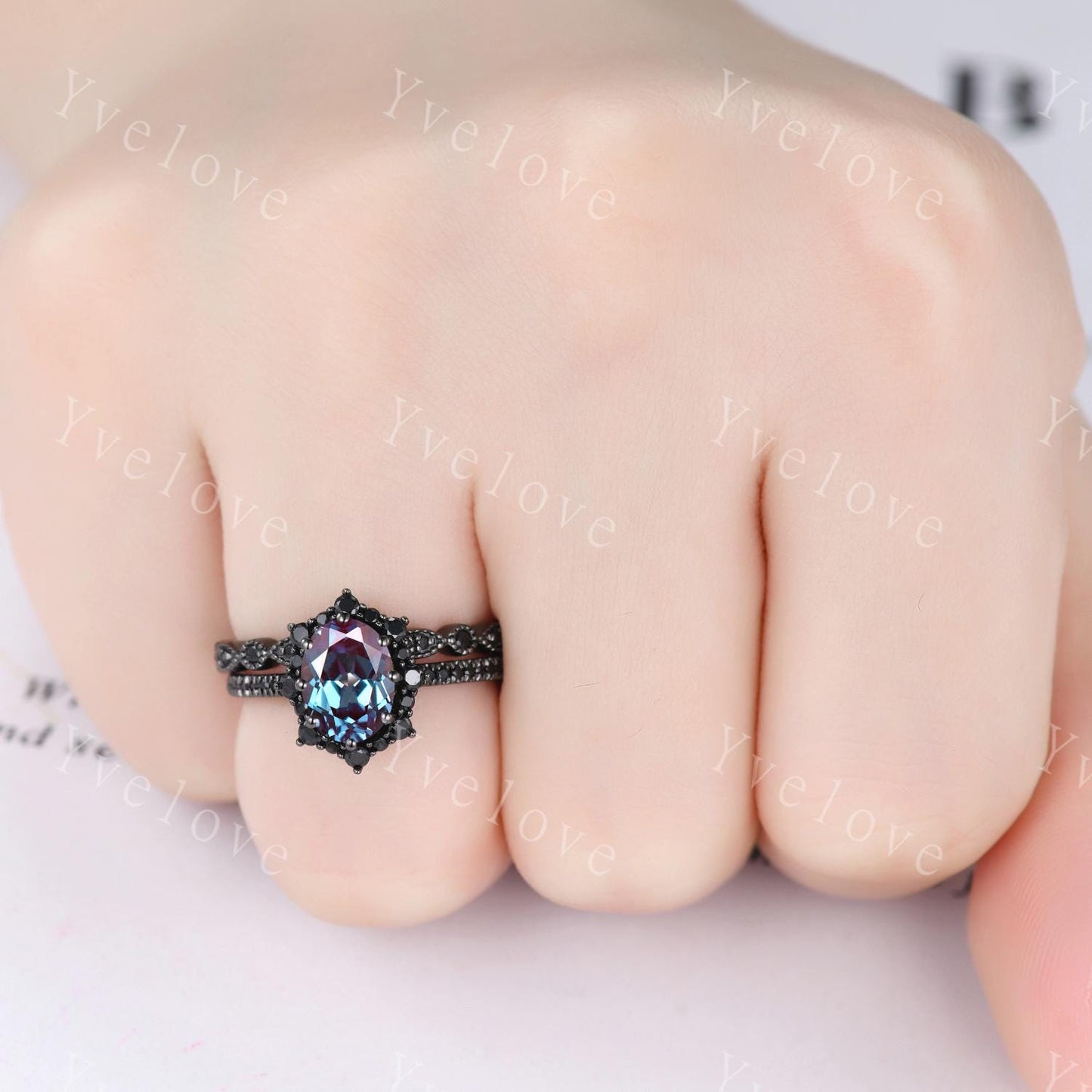 Gothic Oval Shape Alexandrite Engagement Ring Set,Black Gold Black Diamond Promise Ring Set Unique Rhodium Black Witchy Ring Bridal Set Gift