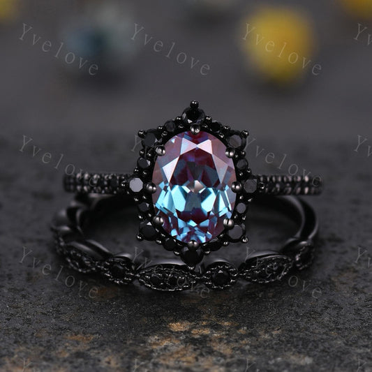 Gothic Oval Shape Alexandrite Engagement Ring Set,Black Gold Black Diamond Promise Ring Set Unique Rhodium Black Witchy Ring Bridal Set Gift