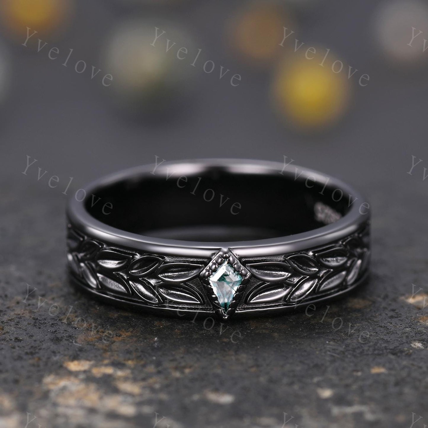 3/4 Eternity Kite Moss Agate Leaf Wedding Band Unisex Silver Ring Nature Inspired Branch Promise Bridal Ring Custom Jewelry Rings For Men