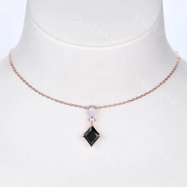 Vintage unique lozenge black onyx necklace solid 14k rose gold opal diamond personalized pendant for women anniversary bridal gift for her