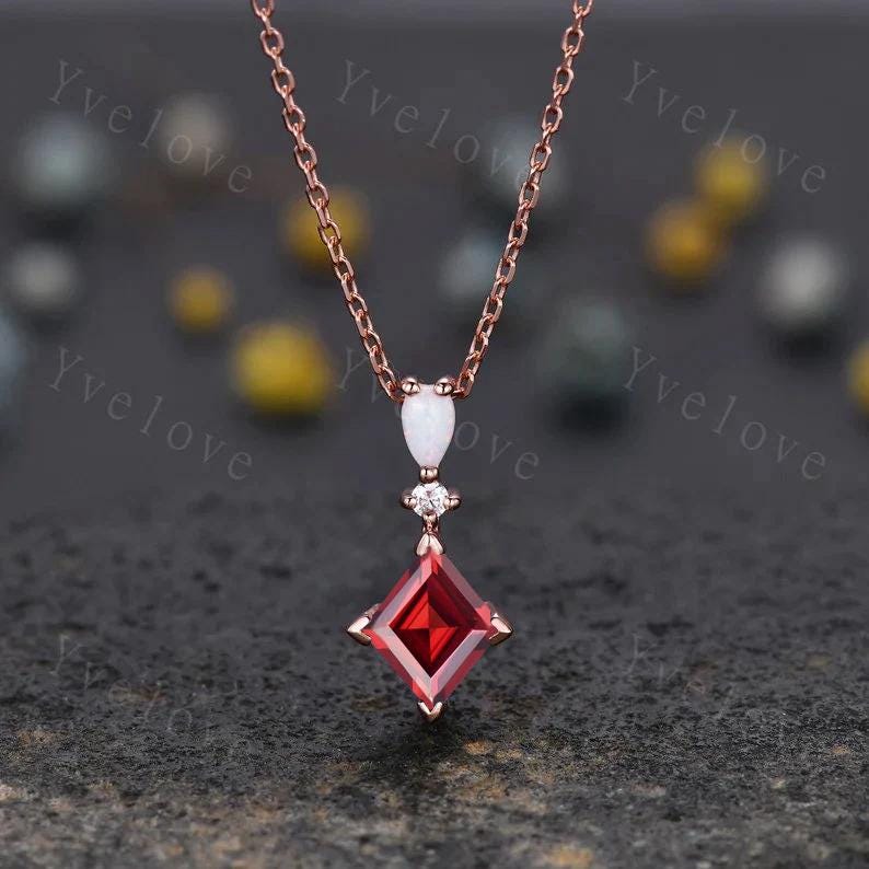 Vintage unique lozenge London blue topaz necklace 14k rose gold opal diamond personalized pendant for women birthday bridal gift for her