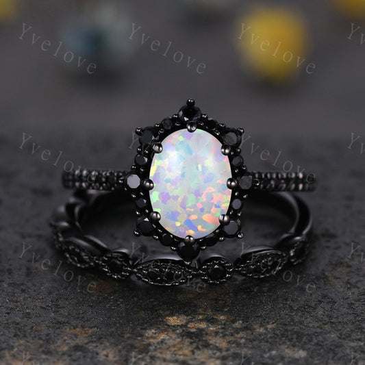 Gothic Oval Shape White Opal Engagement Ring Set,Black Gold Black Diamond Promise Ring Set Unique Rhodium Black Witchy Ring Bridal Set Gift