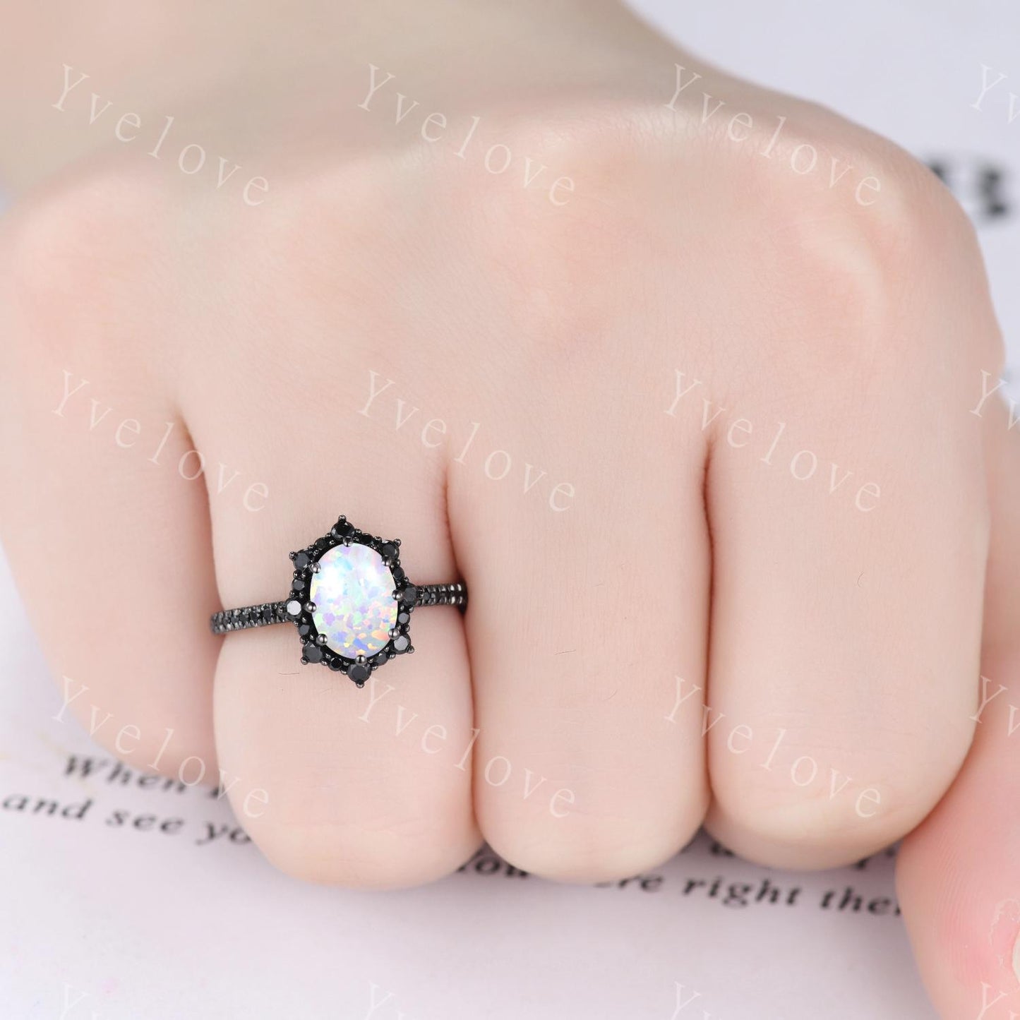 Gothic Oval Shape White Opal Engagement Ring Set,Black Gold Black Diamond Promise Ring Set Unique Rhodium Black Witchy Ring Bridal Set Gift