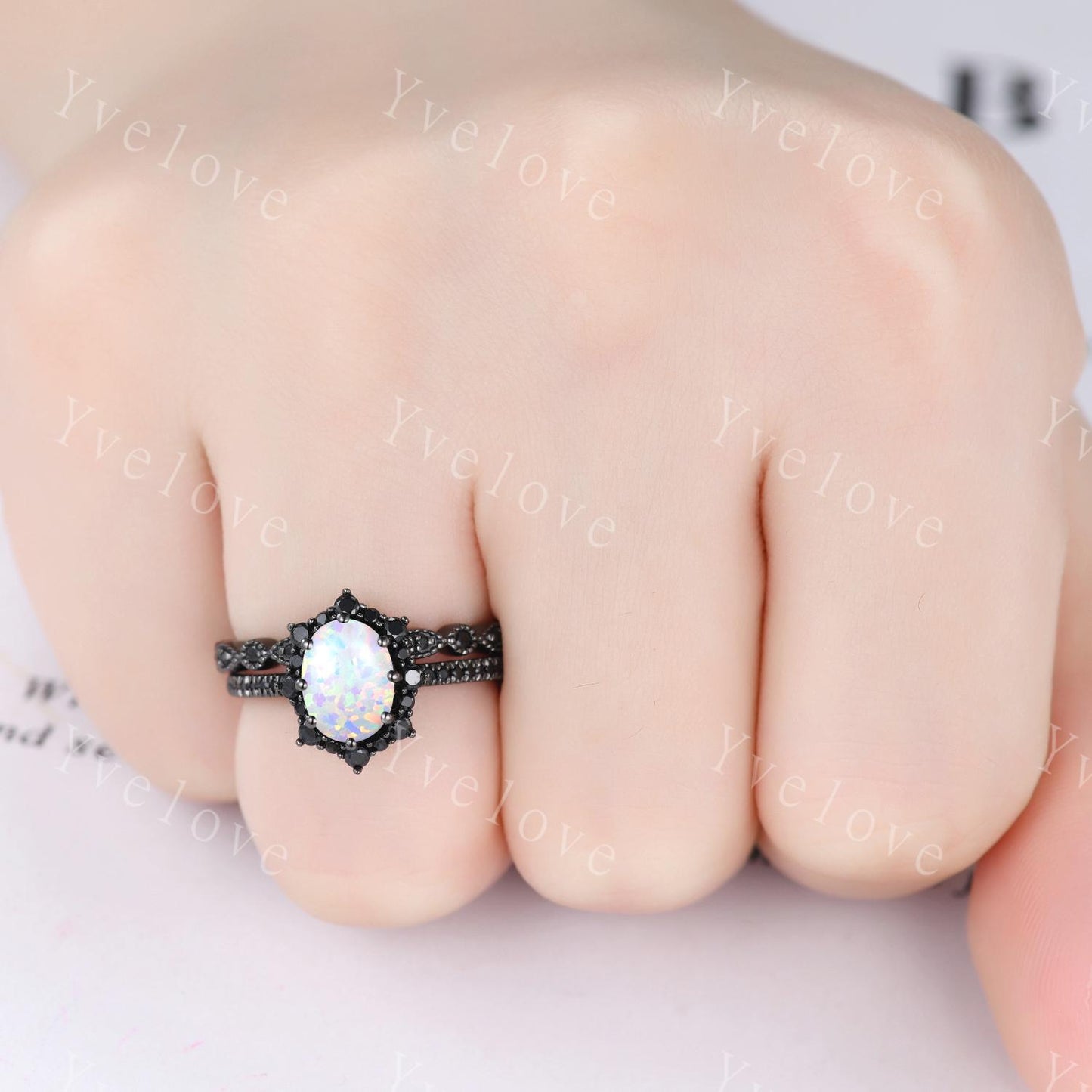 Gothic Oval Shape White Opal Engagement Ring Set,Black Gold Black Diamond Promise Ring Set Unique Rhodium Black Witchy Ring Bridal Set Gift