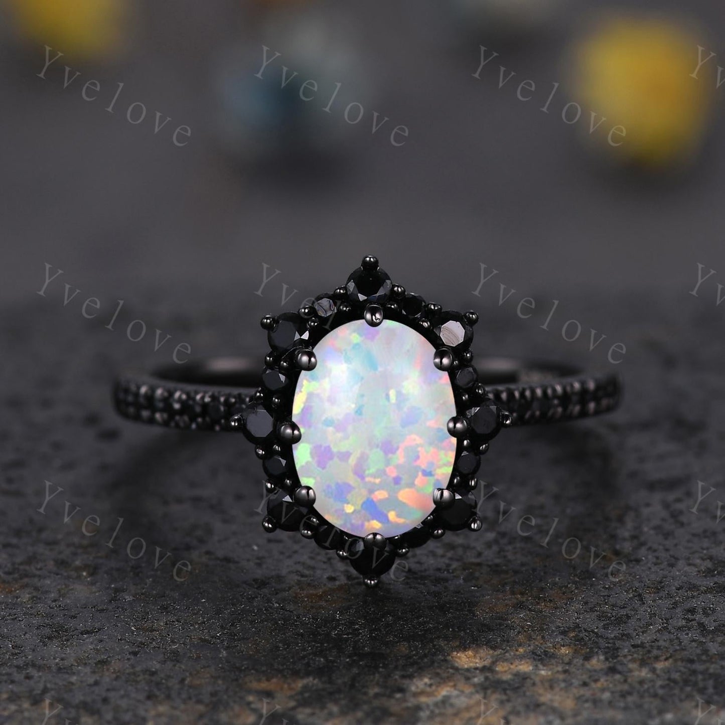 Gothic Oval Shape White Opal Engagement Ring Set,Black Gold Black Diamond Promise Ring Set Unique Rhodium Black Witchy Ring Bridal Set Gift