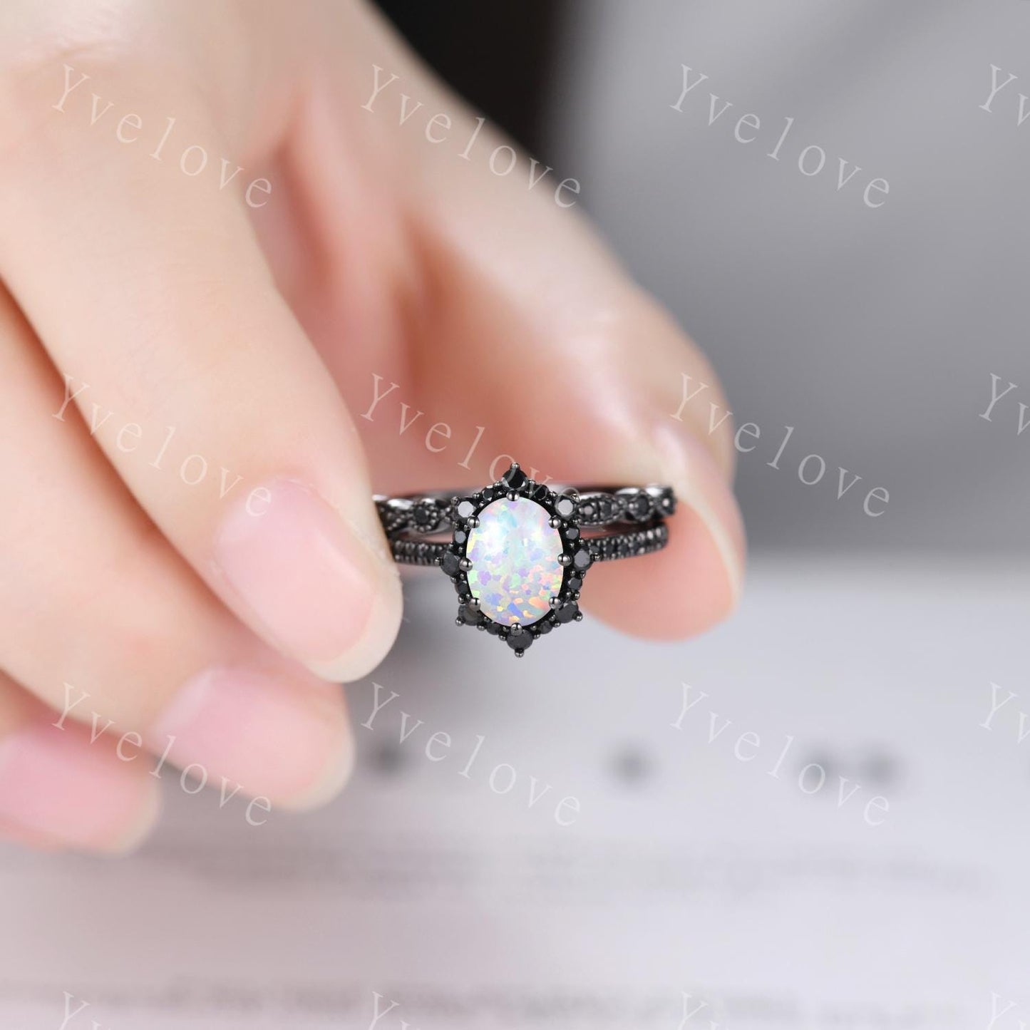 Gothic Oval Shape White Opal Engagement Ring Set,Black Gold Black Diamond Promise Ring Set Unique Rhodium Black Witchy Ring Bridal Set Gift