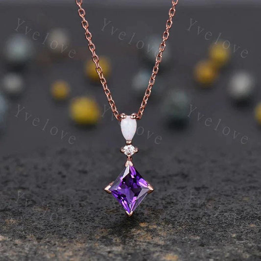 Vintage unique lozenge amethyst necklace 14k rose gold opal diamond personalized pendant for women promise necklace promise anniversary gift