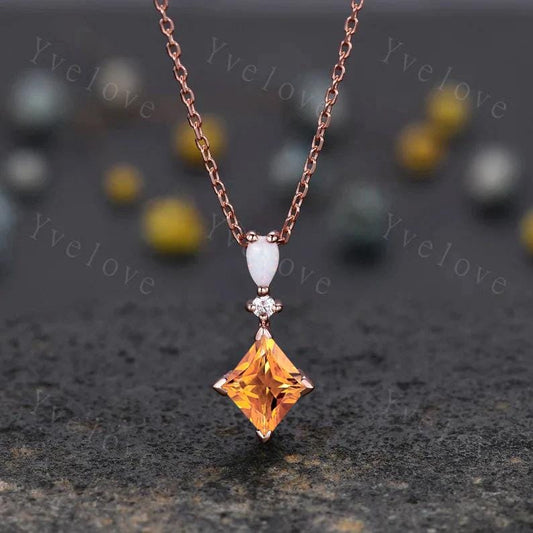 Vintage unique lozenge yellow citrine necklace 14k rose gold opal diamond personalized pendant for women promise necklace birthday gift