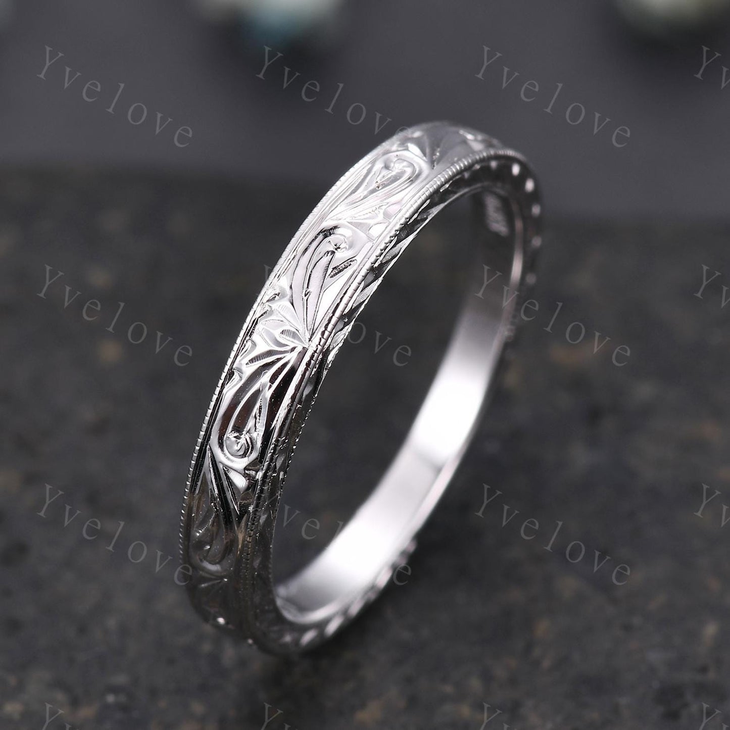 3mm 14k Plain White Gold Ring Filigree Milgrain Edge Wedding Band Stacking Matching Band Retro Vintage Anniversary Ring Gift For Men Women