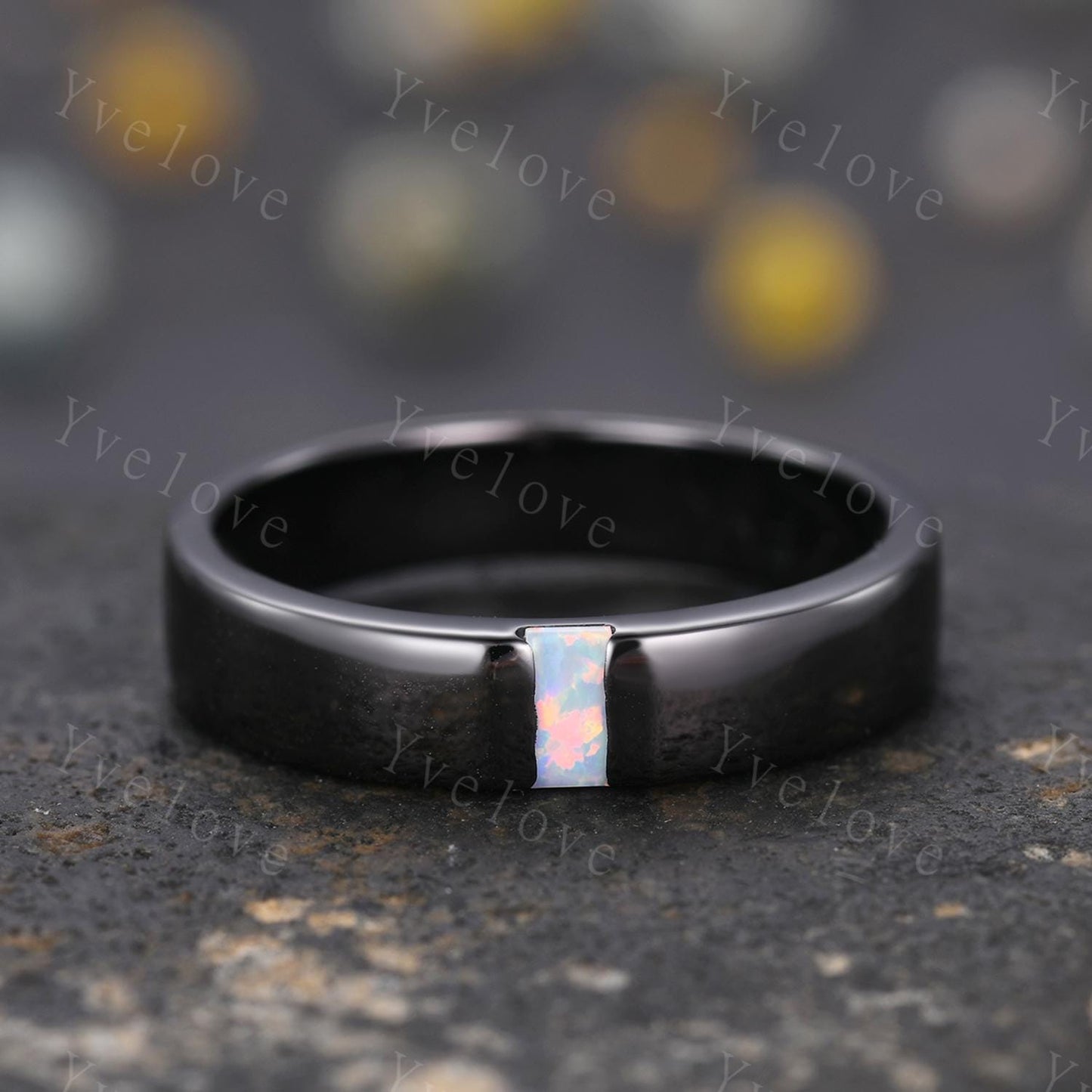 Mens White Opal Wedding Band Baguette Cut Opal Plain Band 5mm Solid Gold Ring Mens Solitaire Stacking Matching Band Retro Vintage Ring Gift