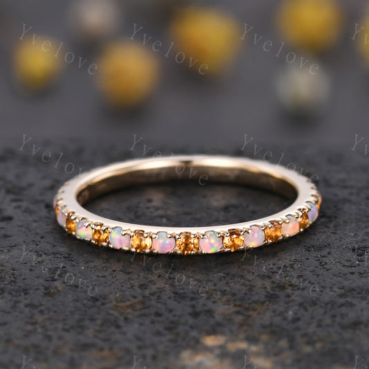 Opal Citrine Wedding Ring,Opal Wedding Band,Eternity Band,Gold Ring,October Birthstone,Matching Band,Stack Ring Anniversary Gift for Her