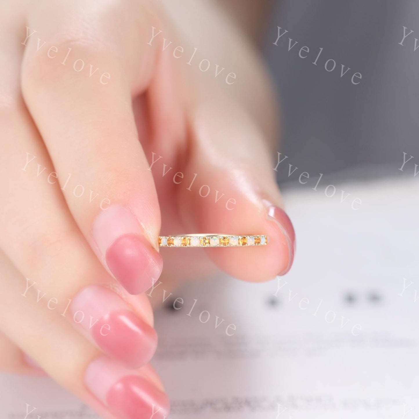 Opal Citrine Wedding Ring,Opal Wedding Band,Eternity Band,Gold Ring,October Birthstone,Matching Band,Stack Ring Anniversary Gift for Her