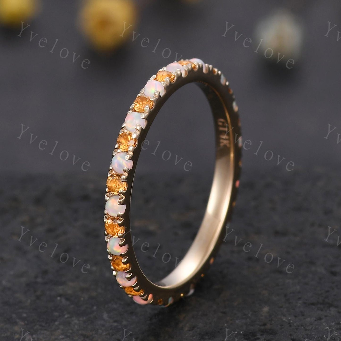 Opal Citrine Wedding Ring,Opal Wedding Band,Eternity Band,Gold Ring,October Birthstone,Matching Band,Stack Ring Anniversary Gift for Her