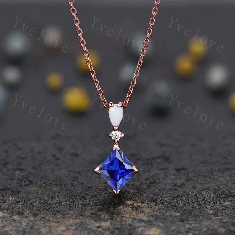 Vintage unique lozenge pink cz necklace 10k rose gold opal diamond personalized pendant for women anniversary necklace bridal gift for women