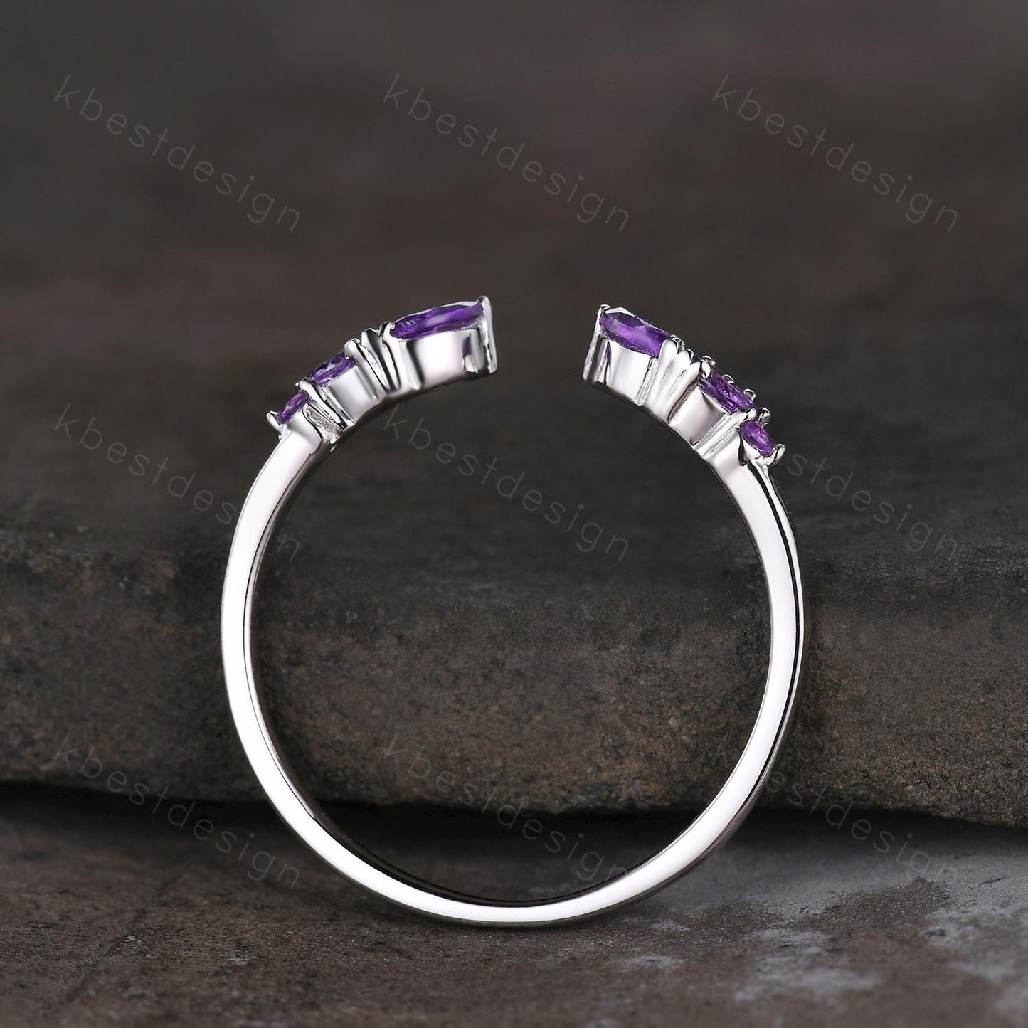 Open gap Amethyst Wedding Band sterling silver vintage petal wedding ring Delicate Stacking matching curved wedding band bridal ring gift