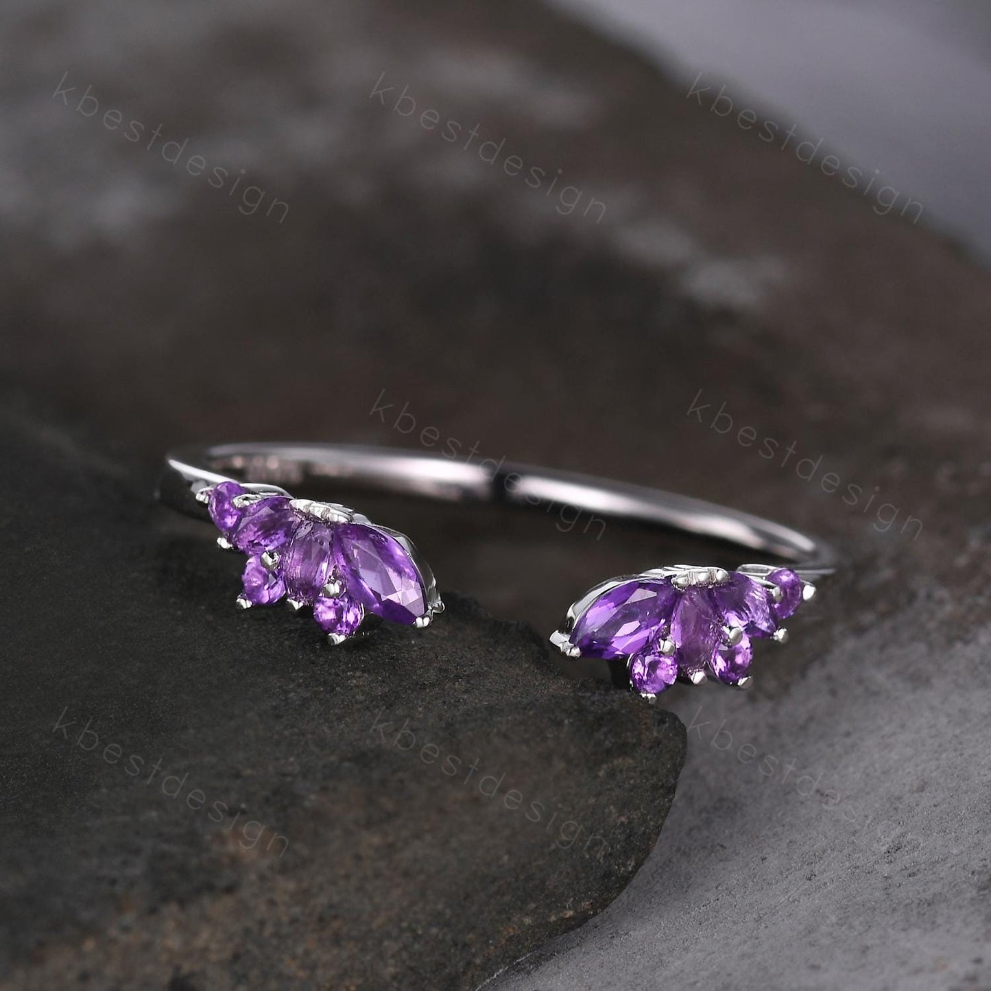 Open gap Amethyst Wedding Band sterling silver vintage petal wedding ring Delicate Stacking matching curved wedding band bridal ring gift