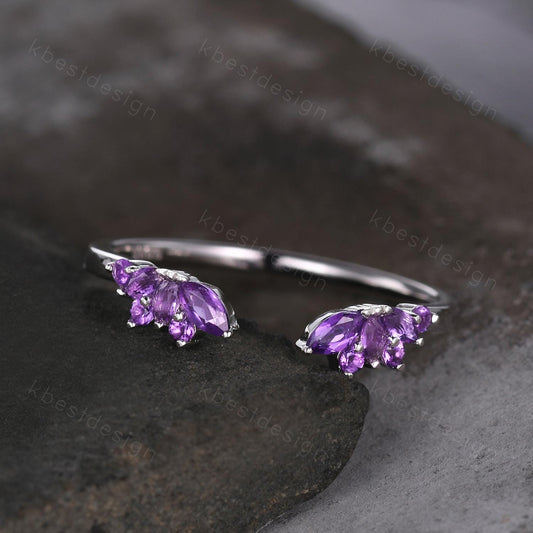 Open gap Amethyst Wedding Band sterling silver vintage petal wedding ring Delicate Stacking matching curved wedding band bridal ring gift